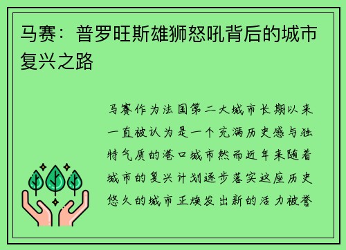 马赛：普罗旺斯雄狮怒吼背后的城市复兴之路
